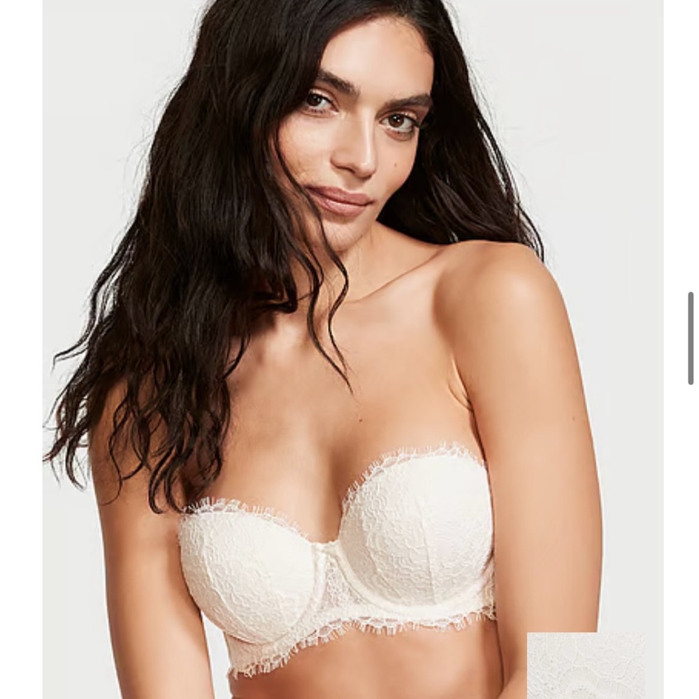 NEW 36D Victoria’s Secret lightly lined lace strapless bra, white, new in bag